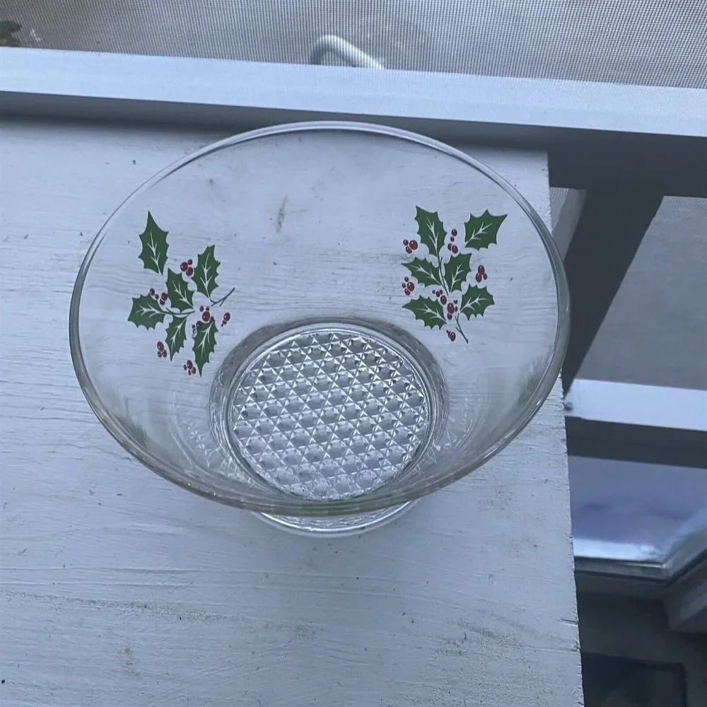 Vintage Holly Berry Ice Bowl Bucket Serving Bowl Indiana Glass